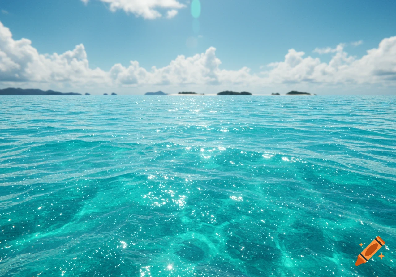 Vibrant turquoise ocean water sparkles under a sunny blue sky with distant blurred islands and clouds.