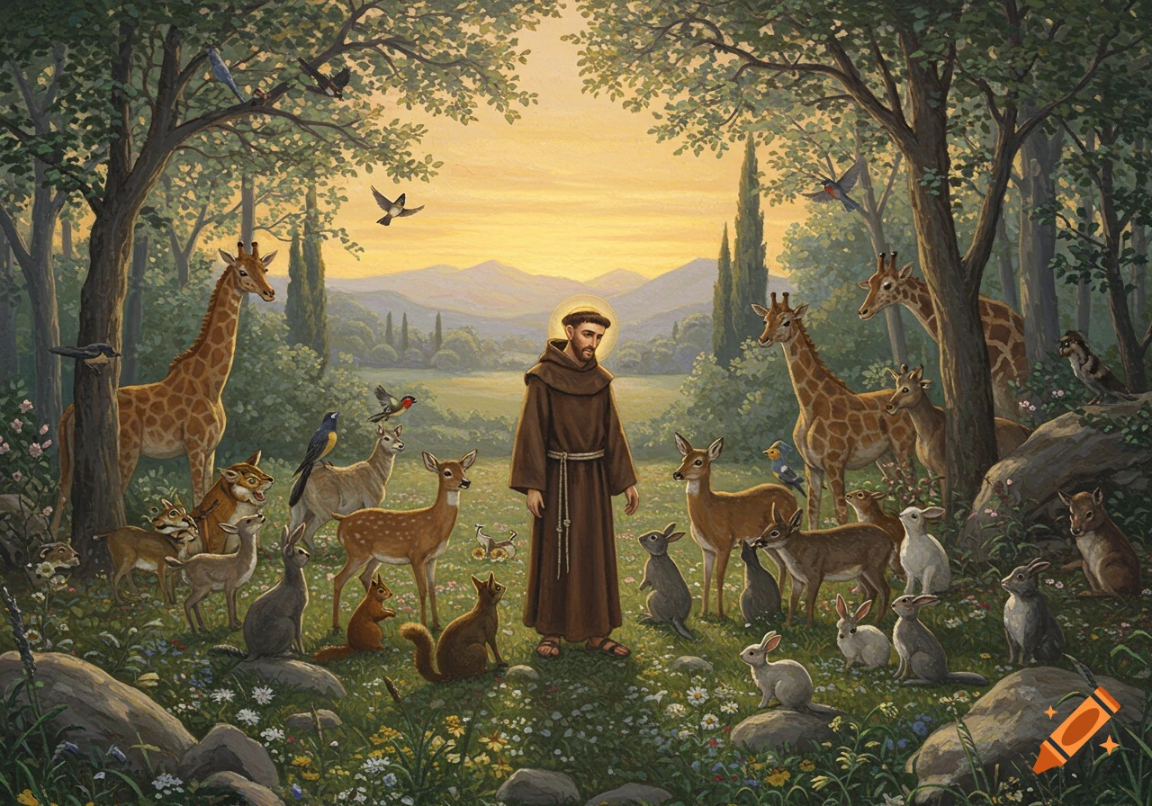 A painting of Saint Francis of Assisi with a halo, surrounded by deer, giraffes, rabbits, and birds in a lush forest at sunset.