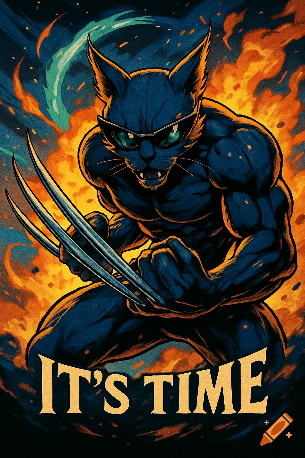 A muscular black cat wearing sunglasses with Wolverine-style claws in an attacking pose against a fiery background, with the text 'IT'S TIME' below.