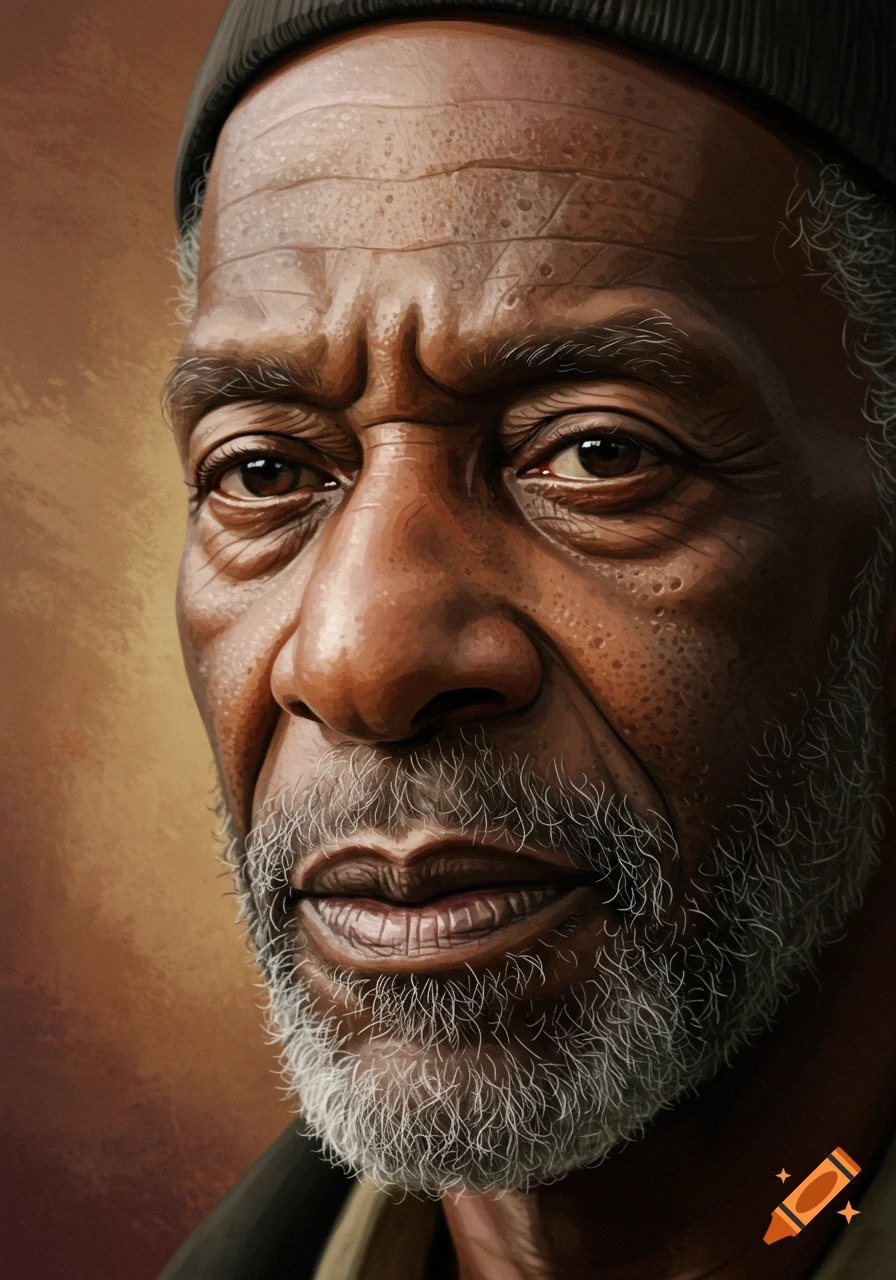 Close-up digital art portrait of an older Black man with a white beard and a black beanie, looking thoughtfully.