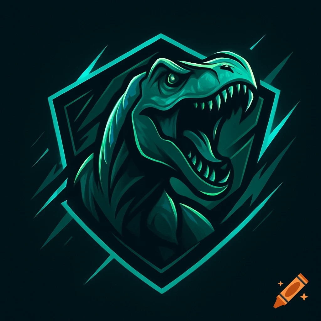 Stylized green T-Rex head roaring within a glowing polygonal frame on a dark background, in a gaming logo style.