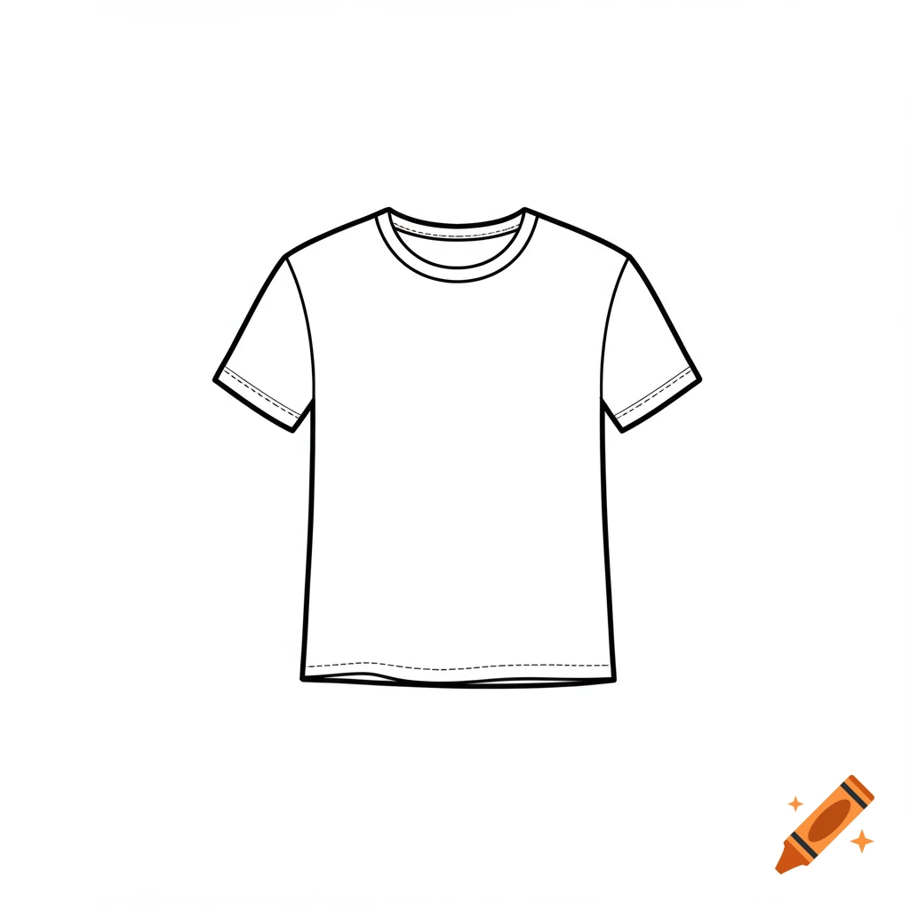 A simple black outline drawing of a white short-sleeved t-shirt.