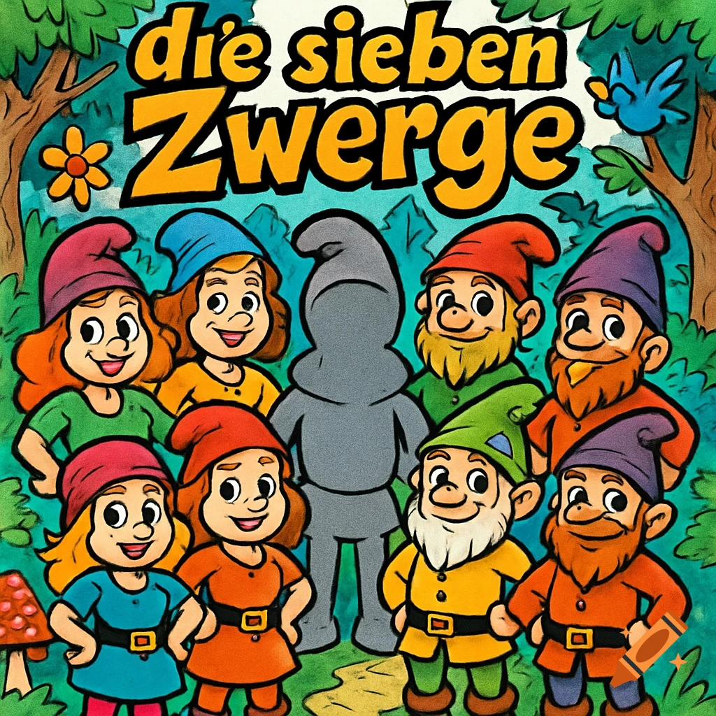 A colorful comic illustration titled "die sieben Zwerge" showing four female dwarfs, two male dwarfs, and one greyed-out dwarf in a forest setting.