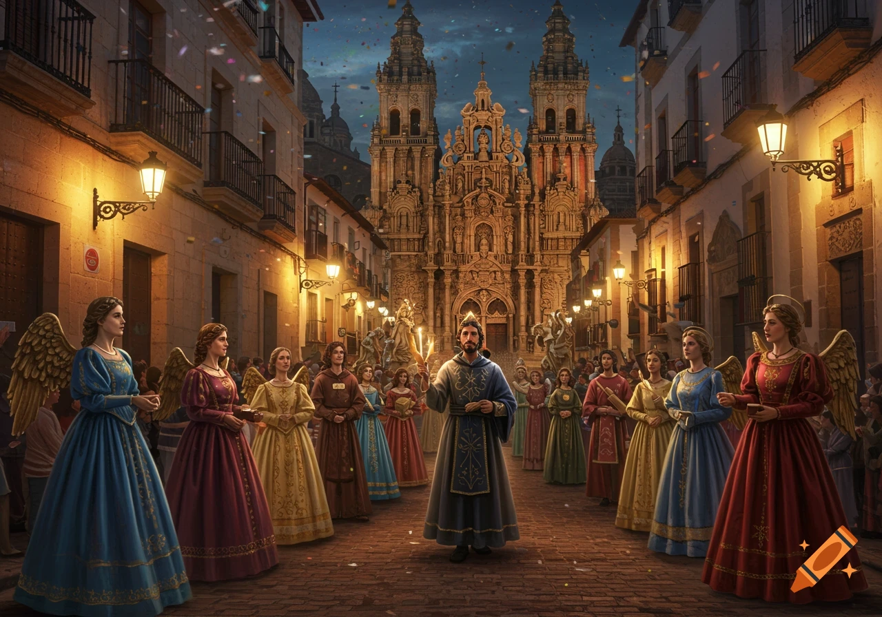 A religious procession with costumed people, including angels, and a central figure on a street before a grand cathedral.
