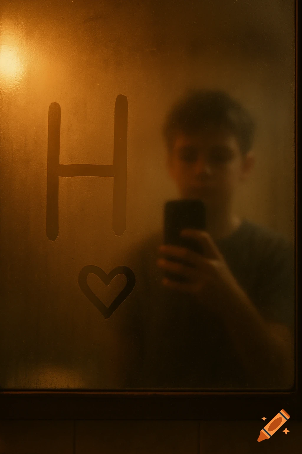 A blurred person takes a mirror selfie, showing an 'H' and a heart drawn on the fogged glass, illuminated by warm light.