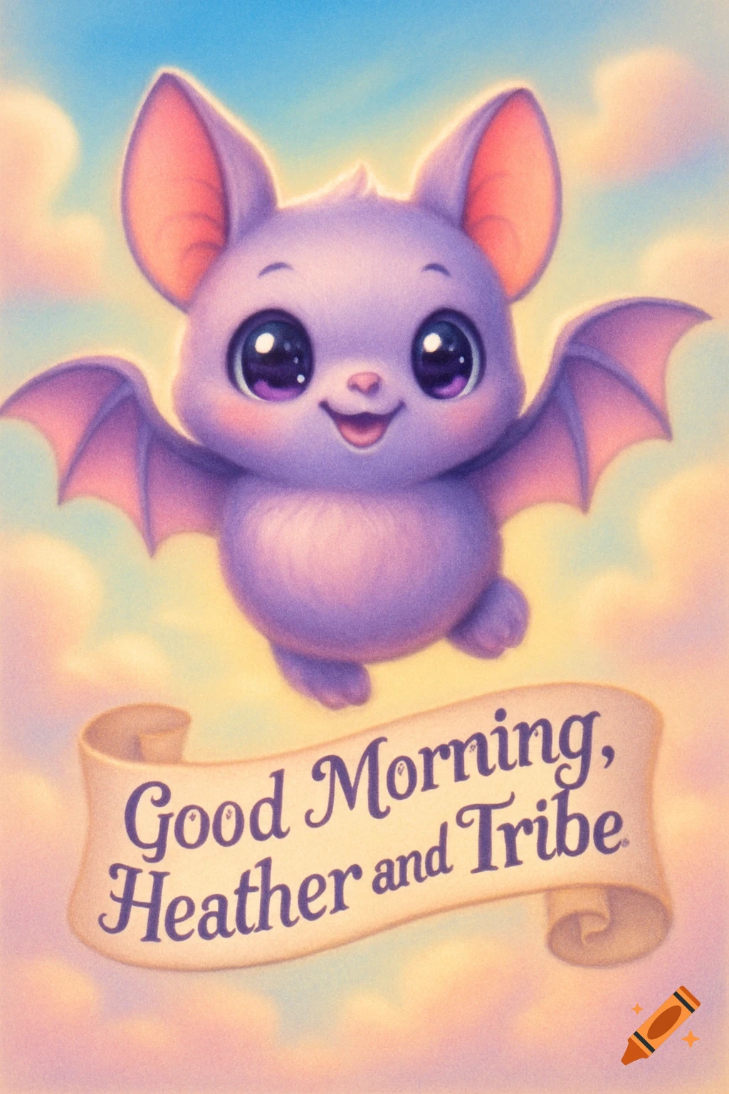 An airbrushed illustration of a cute purple kawaii bat flying above a banner that says 'Good Morning, Heather and Tribe' against a sky background with clouds.