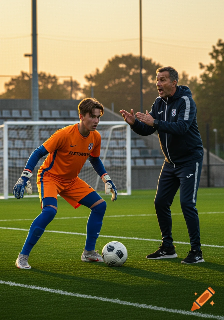 A young soccer goalkeeper in an orange uniform being coached by his trainer on a green field.
