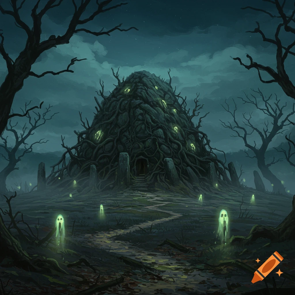 A dark, misty, twisted landscape features a haunted mound covered in roots with glowing eyes, surrounded by glowing ghost figures.