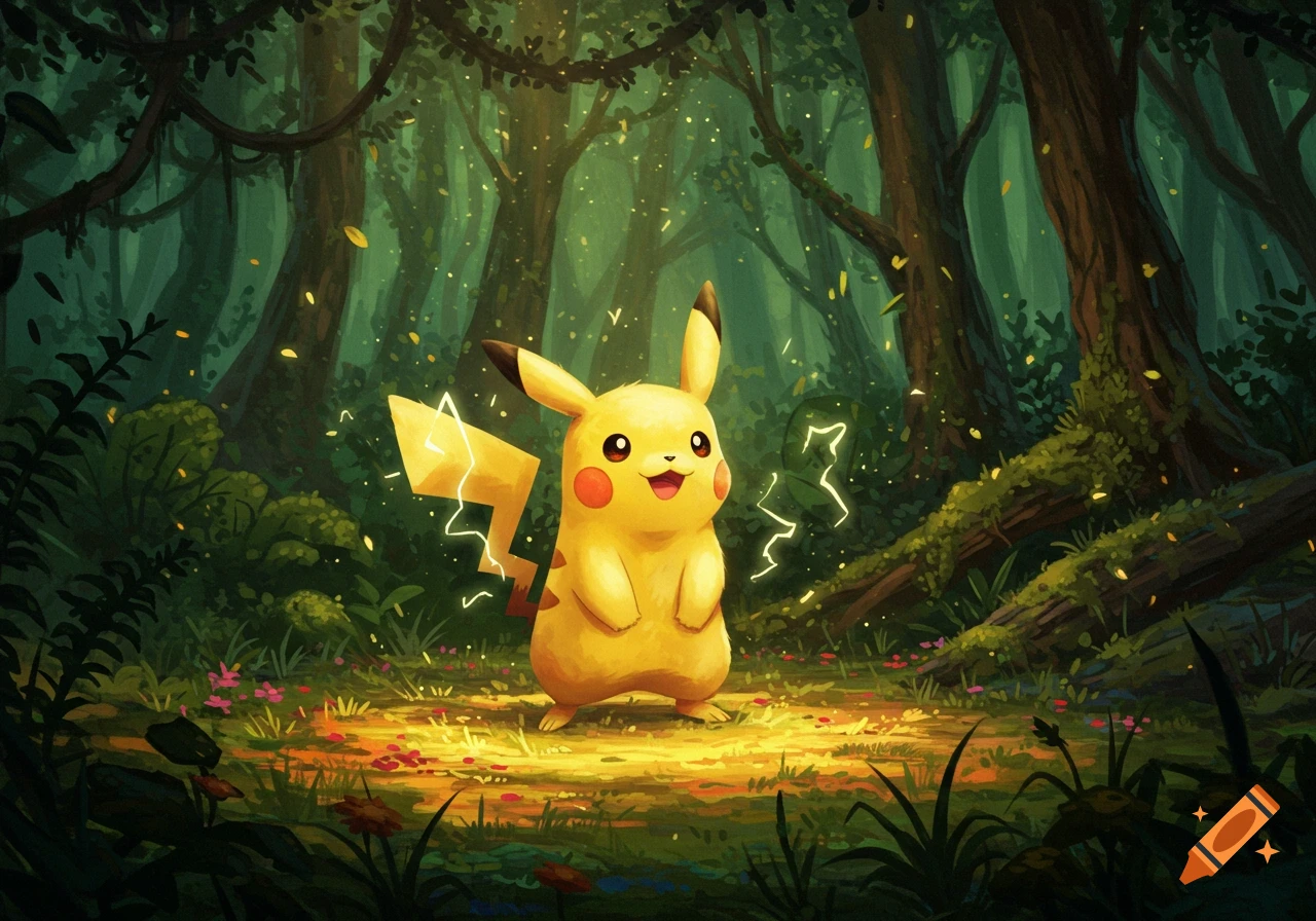 A happy Pikachu stands in a magical forest clearing with sparkling light and glowing leaves, cartoon illustration.
