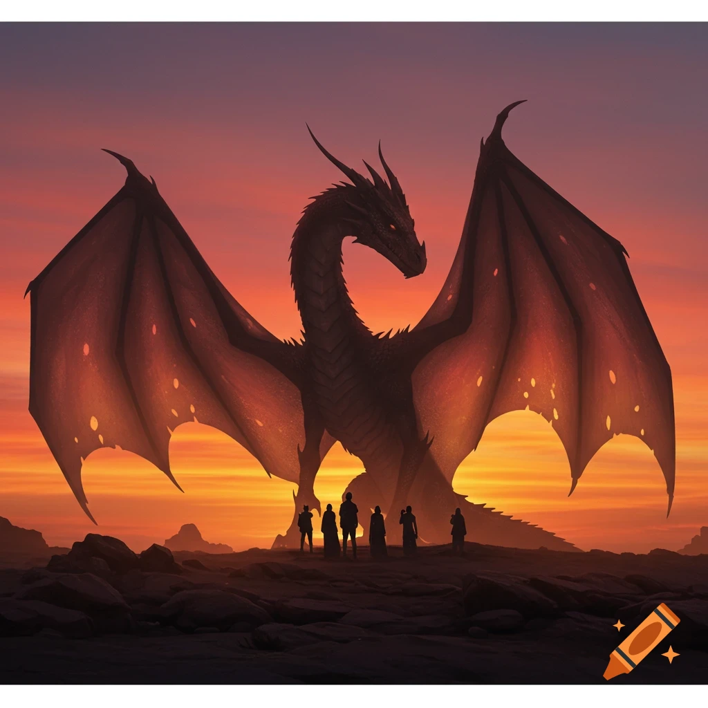 A large dragon in silhouette stands against a fiery sunset, with several people standing beneath its outstretched wings.