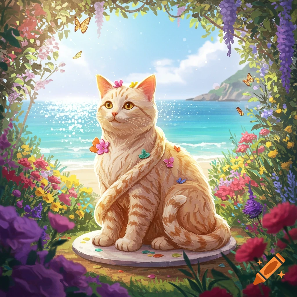 A fluffy ginger cat adorned with colorful flowers sits on a round base in a vibrant garden overlooking a sparkling blue ocean. Stylized illustration.