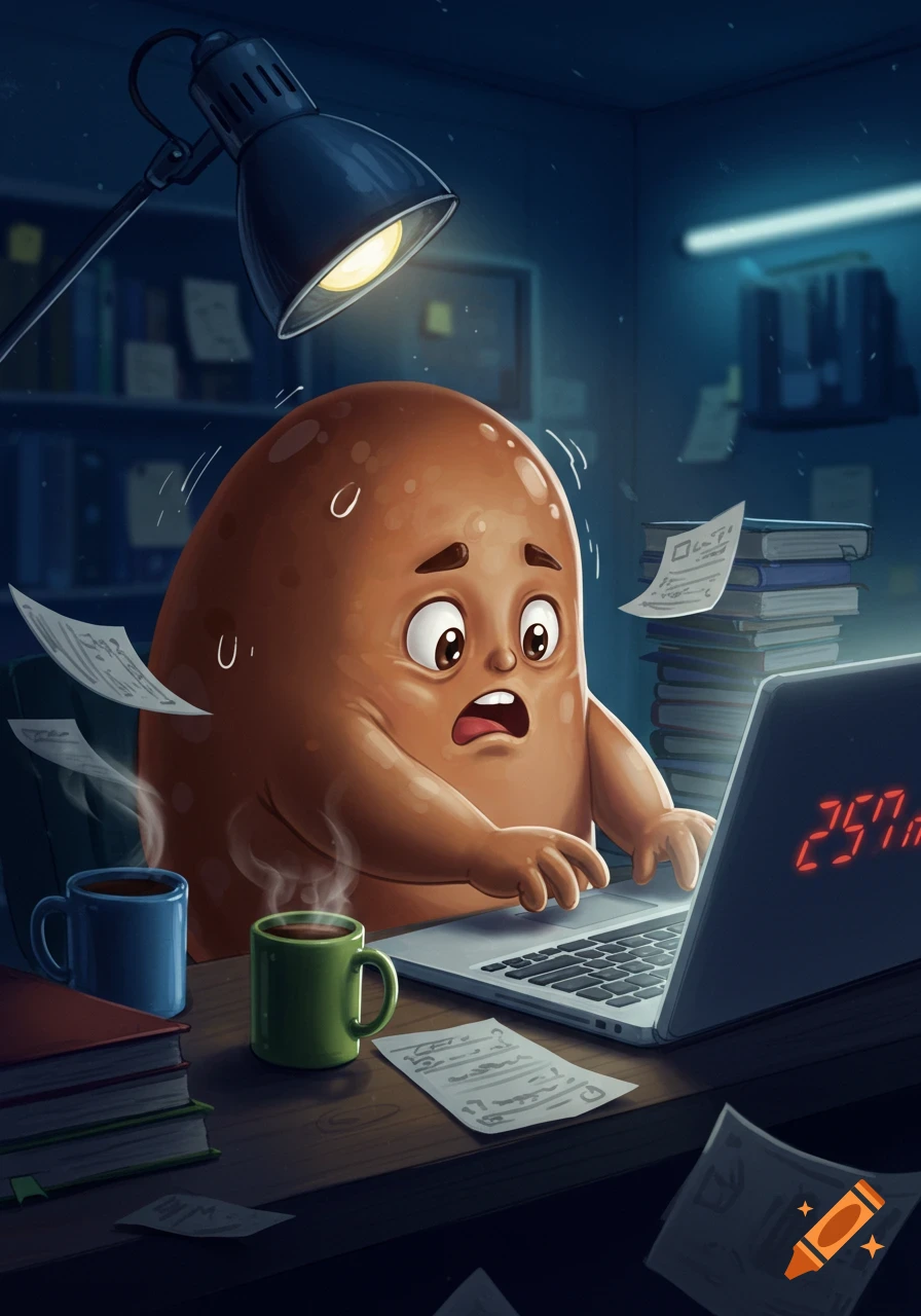 A panicked, brown, bean-shaped character furiously types on a laptop at a desk in a dark room, surrounded by flying papers and steaming mugs. A desk lamp illuminates the scene.
