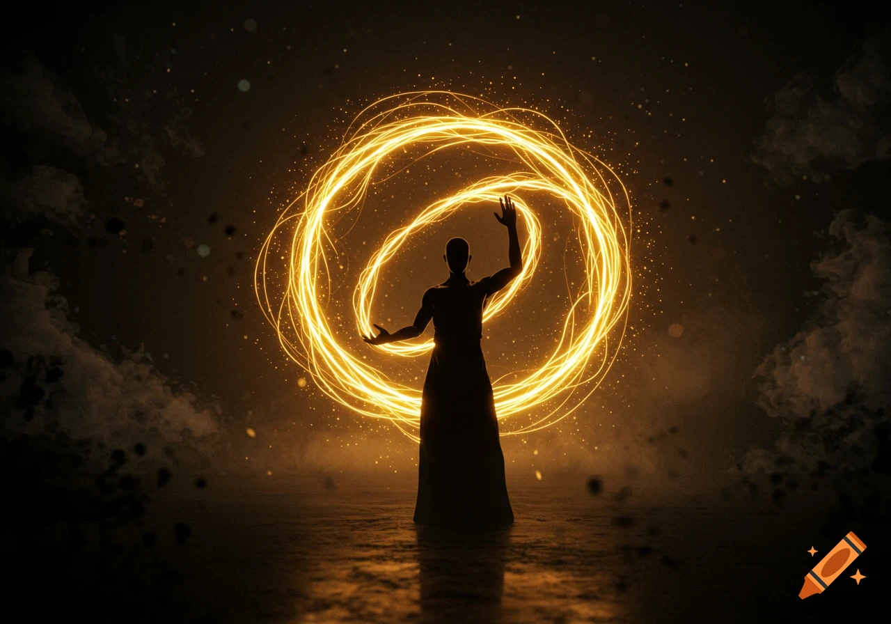 A dark silhouette of a person with hands raised, surrounded by glowing golden energy rings and particles in a dark environment.
