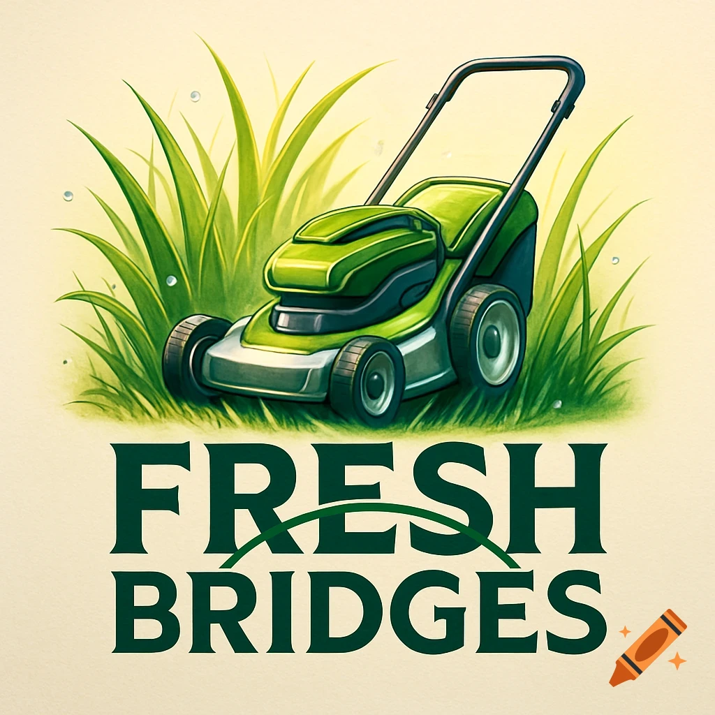 A stylized green lawnmower in tall grass above the text 'FRESH BRIDGES' on a light background.