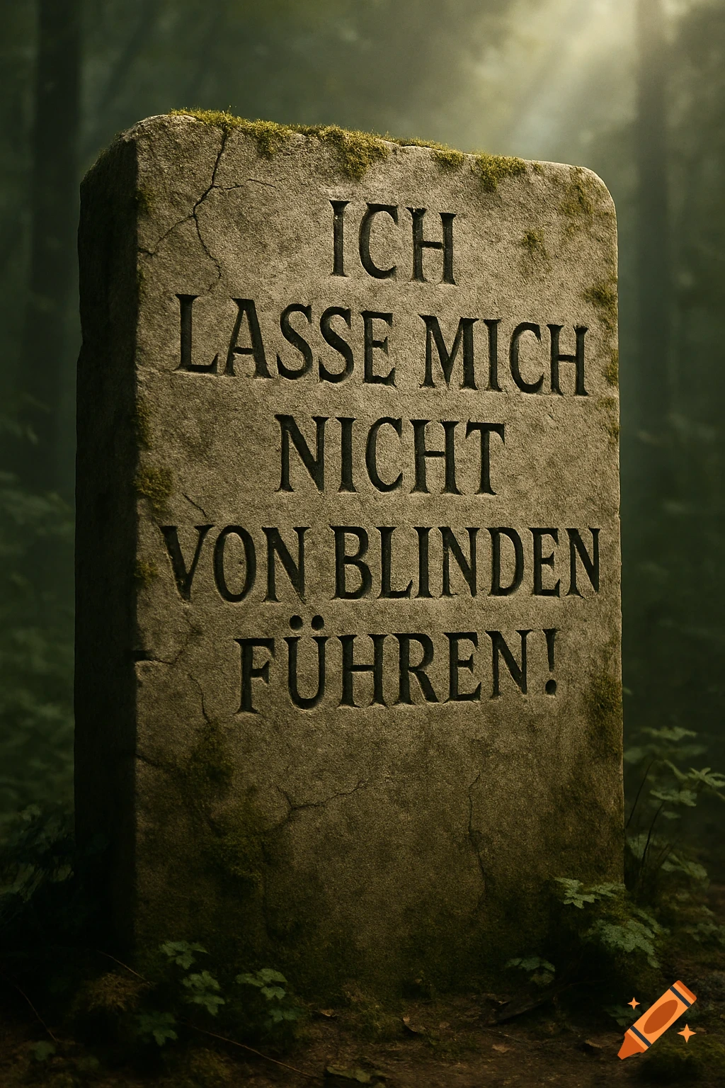 An old moss-covered stone tablet with the German inscription "Ich lasse mich nicht von Blinden führen!" carved into it, standing in a dark, misty forest.