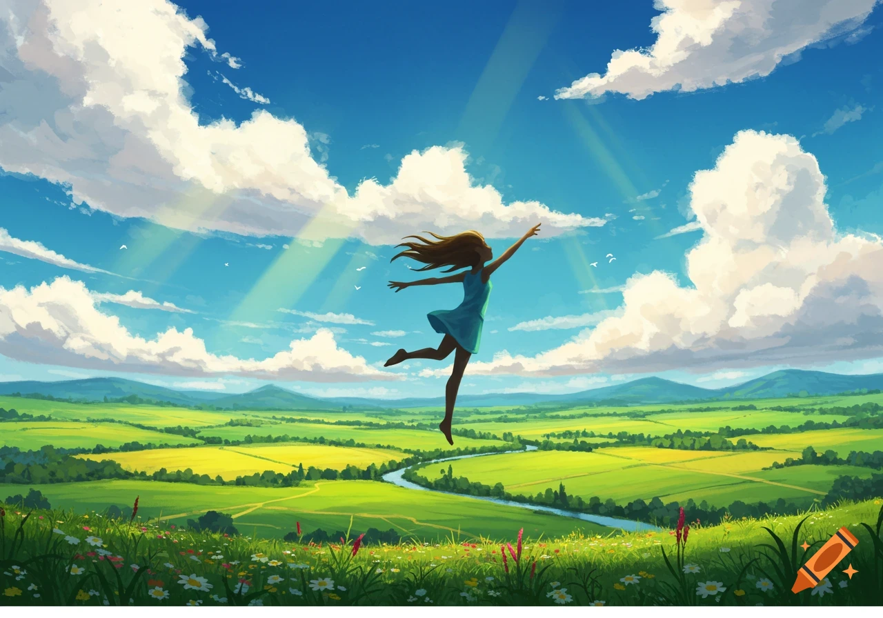 A stylized illustration of a person flying joyfully above a vast green landscape with fields, a winding river, and a bright blue sky with white clouds and sun rays.