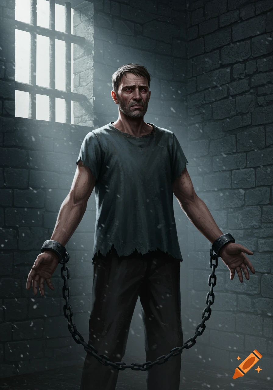 A sad man in a tattered shirt and shackles stands in a dimly lit prison cell, light streaming from a barred window. Digital painting.