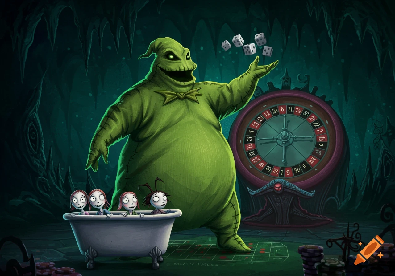 Oogie Boogie from The Nightmare Before Christmas in his dark cave casino, triumphantly throwing dice. Lock, Shock, and Barrel hide in a bathtub in the foreground.