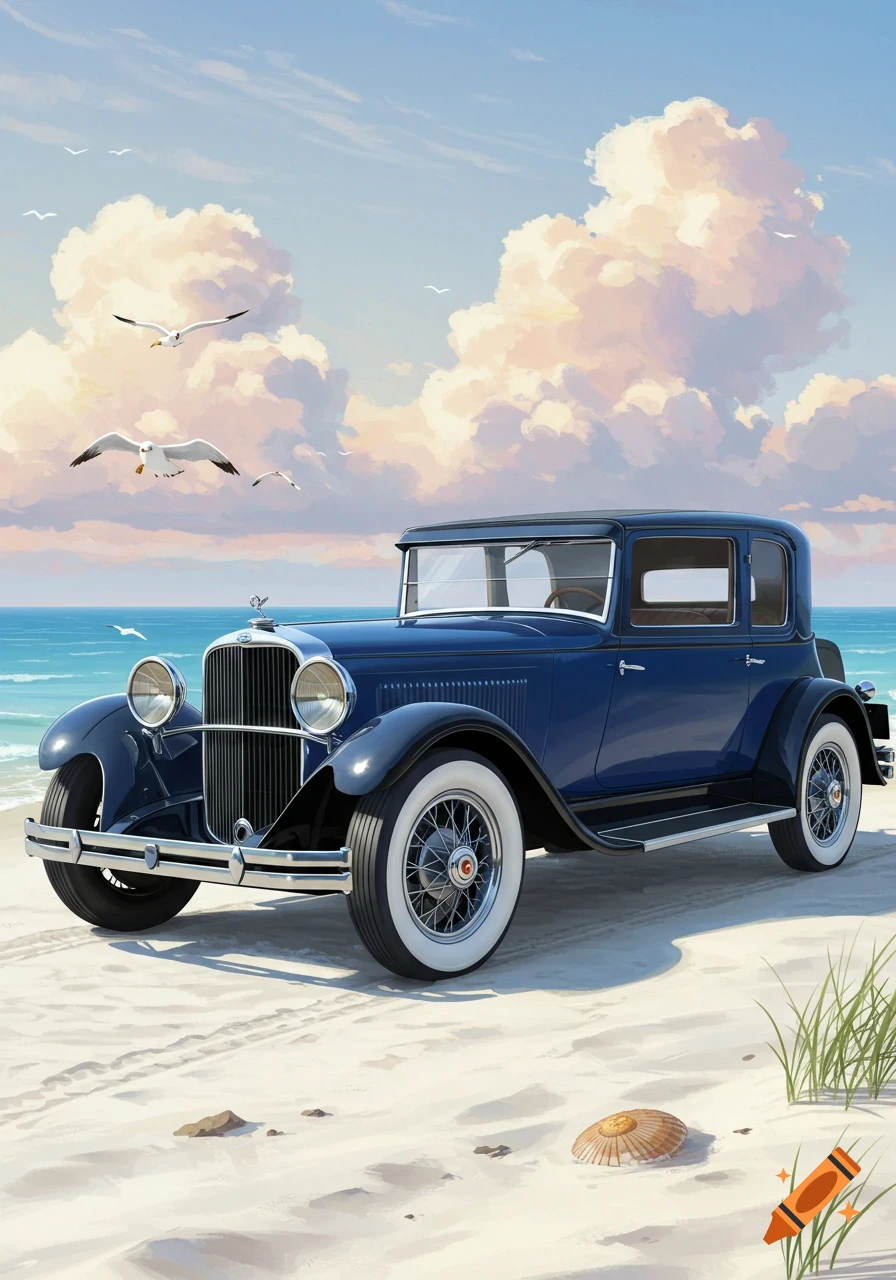 An illustrated vintage blue 1920s car parked on a sandy beach with the ocean, blue sky, and clouds in the background.