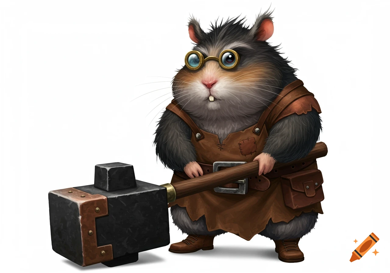 A fluffy, stout black and grey hamster wearing a patched leather apron and goggles holds a gigantic rectangular hammer, rendered in a stylized, detailed illustration on a white background.