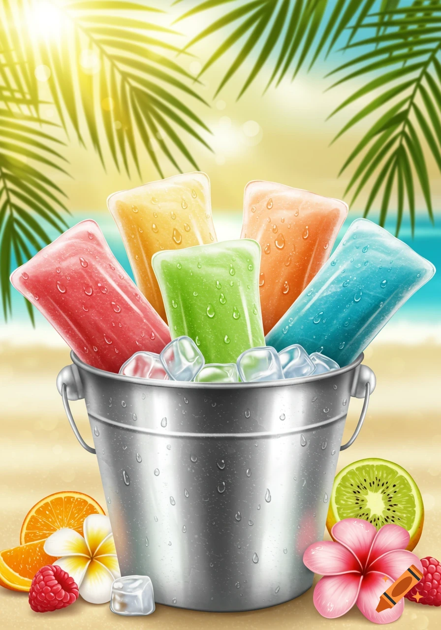 A vibrant illustration of a metal bucket filled with colorful popsicles and ice on a sandy beach, with palm leaves, fruit, and flowers under bright sunlight.