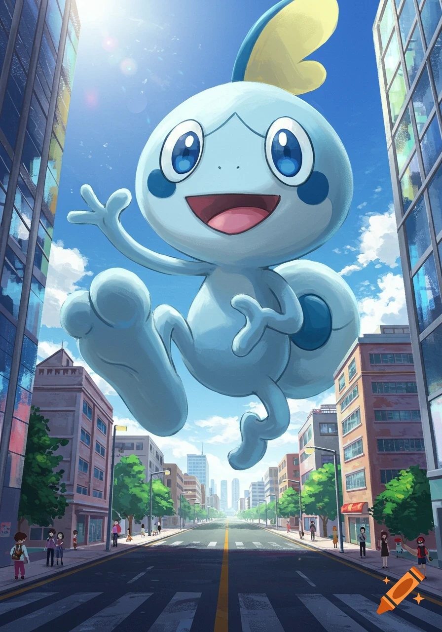 A giant, happy, light-blue Sobble with large blue eyes leaps over a city street, towering over buildings and small people below, under a bright sky.