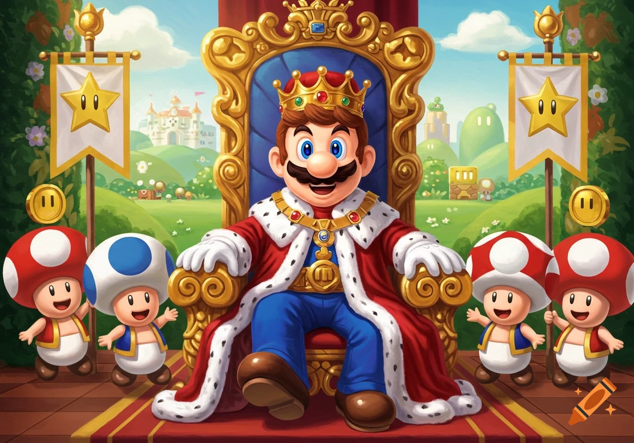 Mario as a king, sitting on a golden throne in a vibrant fantasy landscape with Toads.