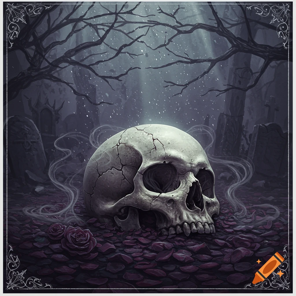 A cracked skull lies on dark rose petals in a misty, gothic graveyard with bare trees and distant gravestones.