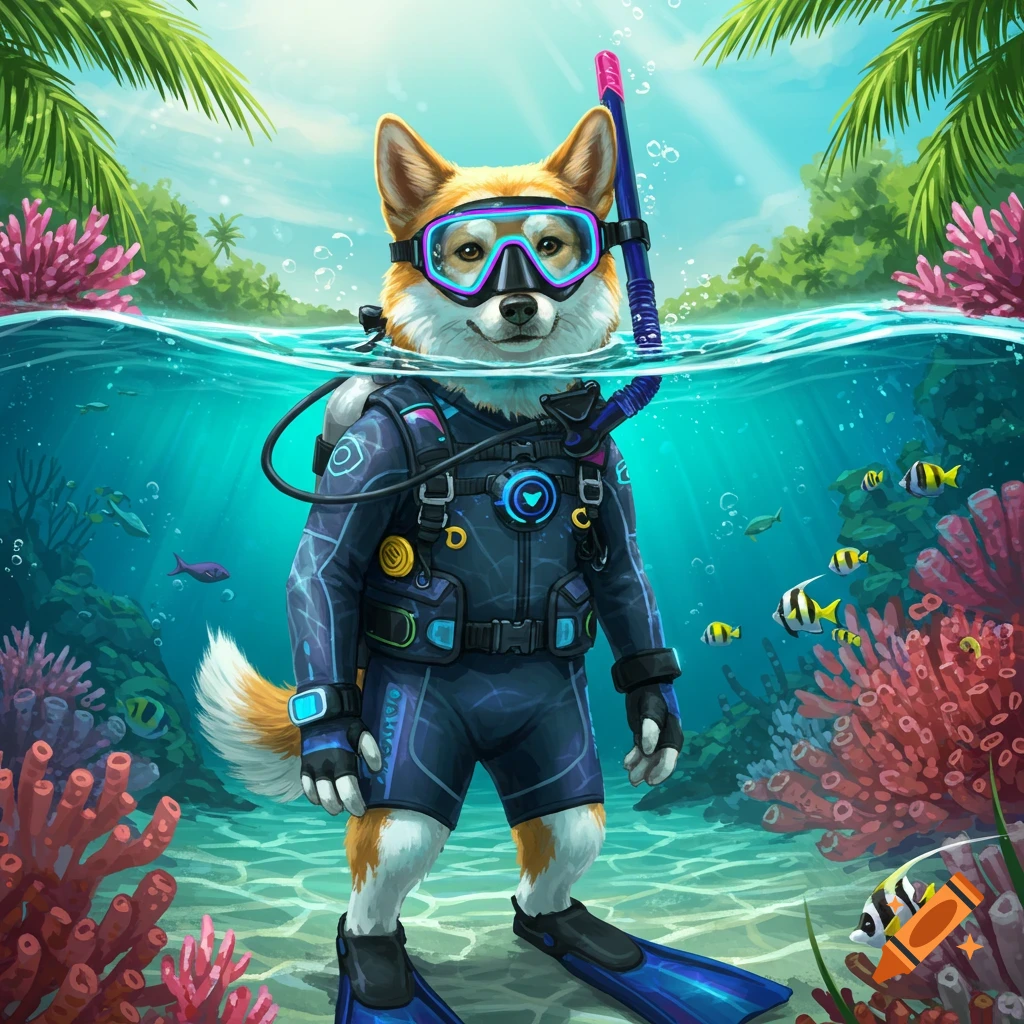 A cheerful dog in scuba gear bobs in clear tropical water, surrounded by colorful coral, fish, and palm trees.