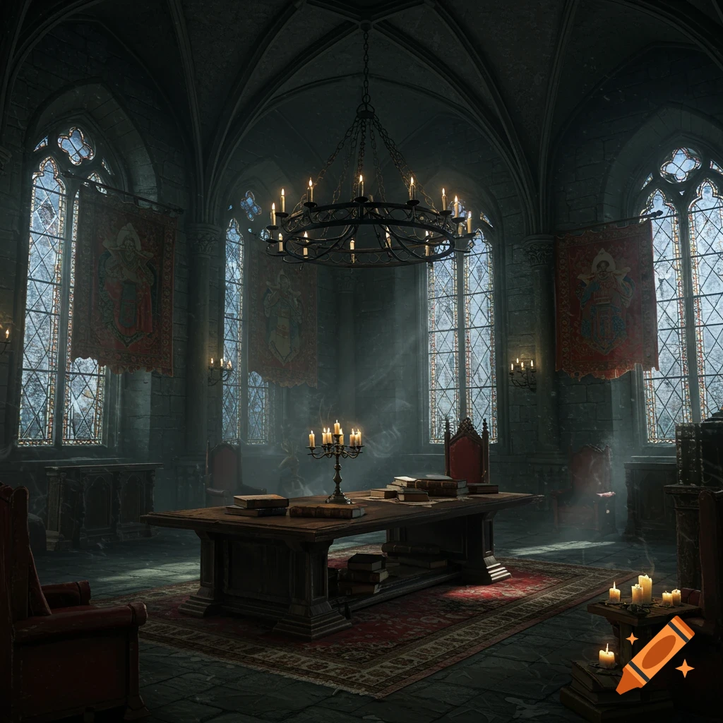 A dark, ornate gothic castle room with large arched windows, a central wooden desk, a candelabra, and tapestries.