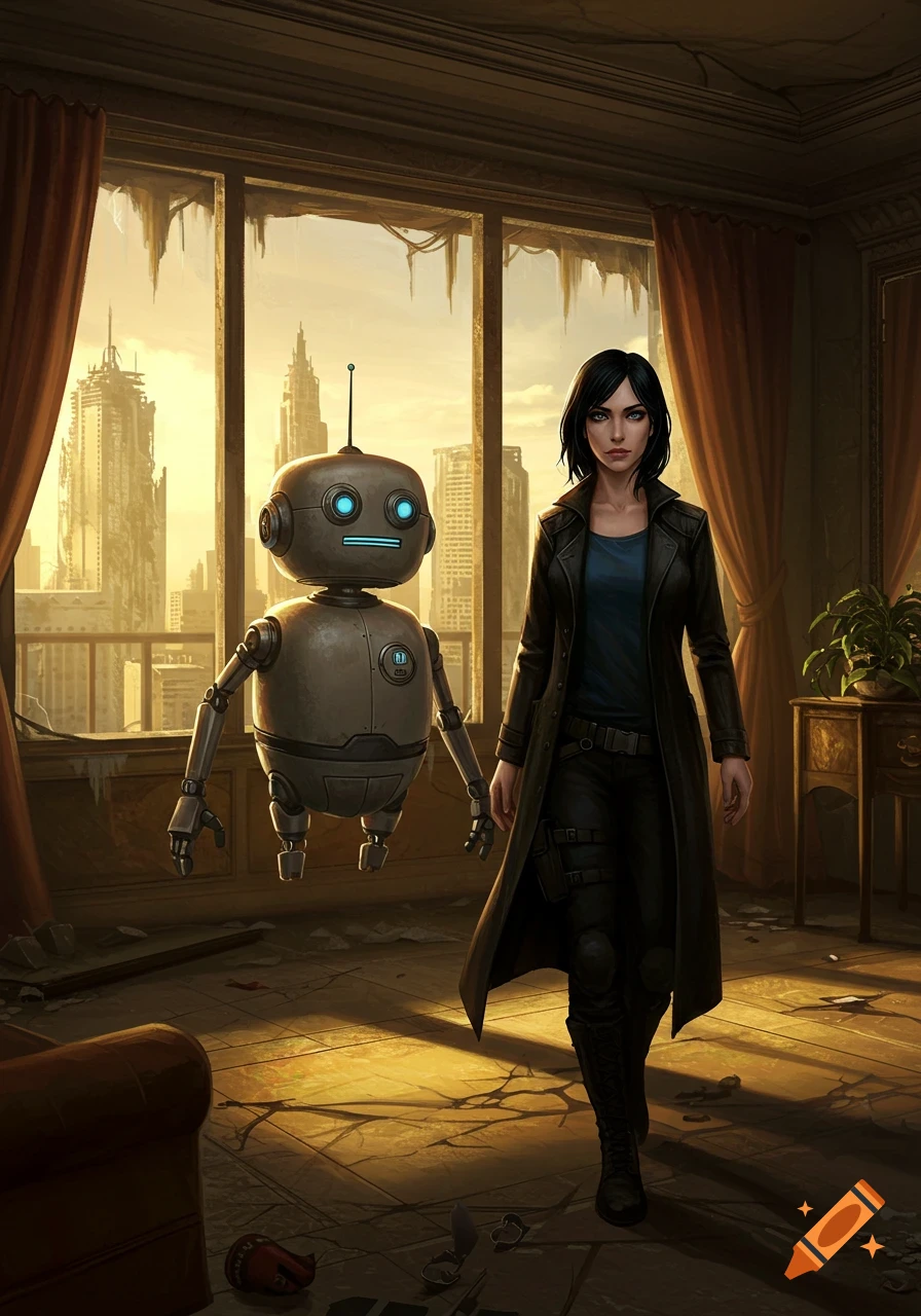A woman and a floating robot walk through a ruined penthouse, overlooking a destroyed city at sunset in a stylized art style.