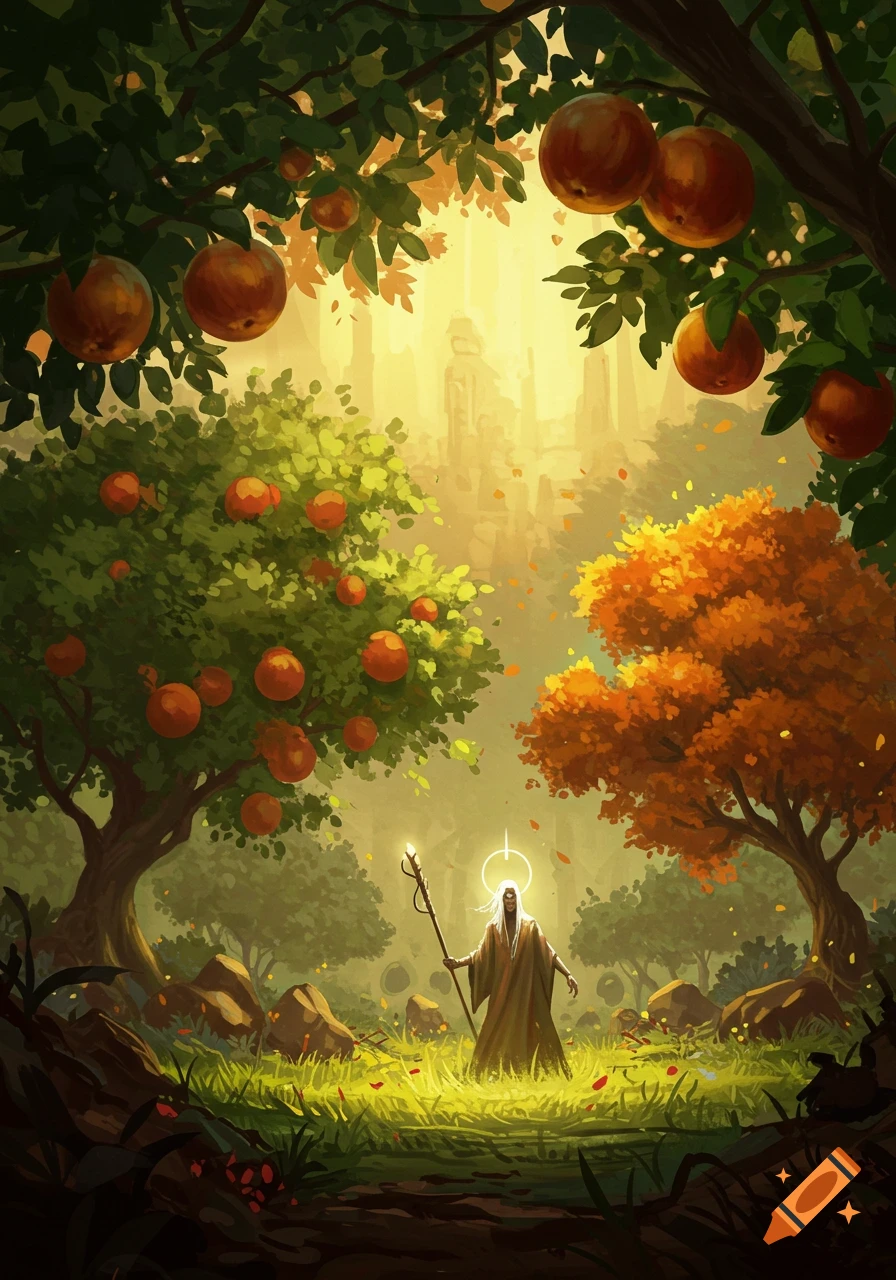 A robed, white-haired figure with a glowing staff and halo stands in a mystical, sunlit forest with fruit trees, in a digital painting style.