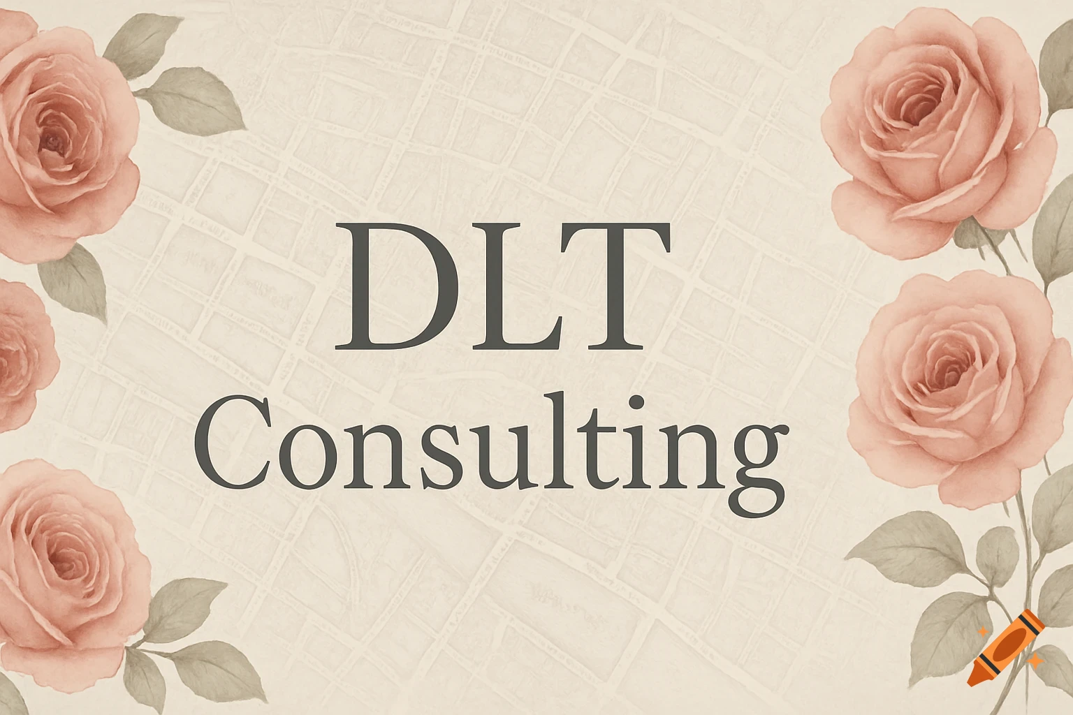 DLT Consulting text on a beige background with subtle texture, adorned with pink watercolor roses in the corners.