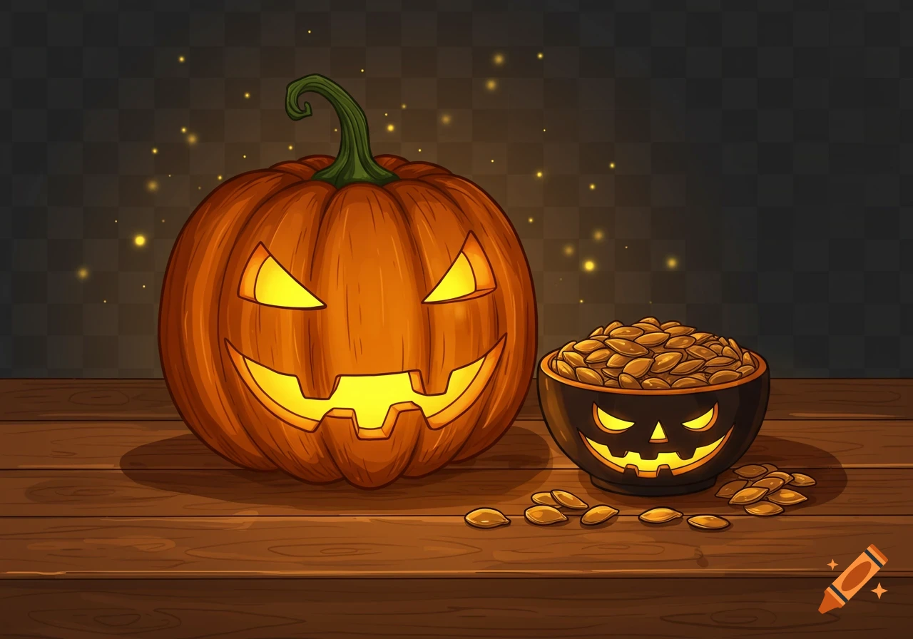 Hand-drawn illustration of a glowing jack-o'-lantern and a bowl of pumpkin seeds on a wooden table with a dark, sparkly background.