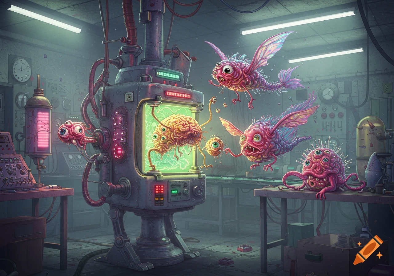 Cartoonish, multi-eyed brain-like creatures, some with wings, interact with a complex machine in a dimly lit laboratory, surrounded by glowing screens and wires.