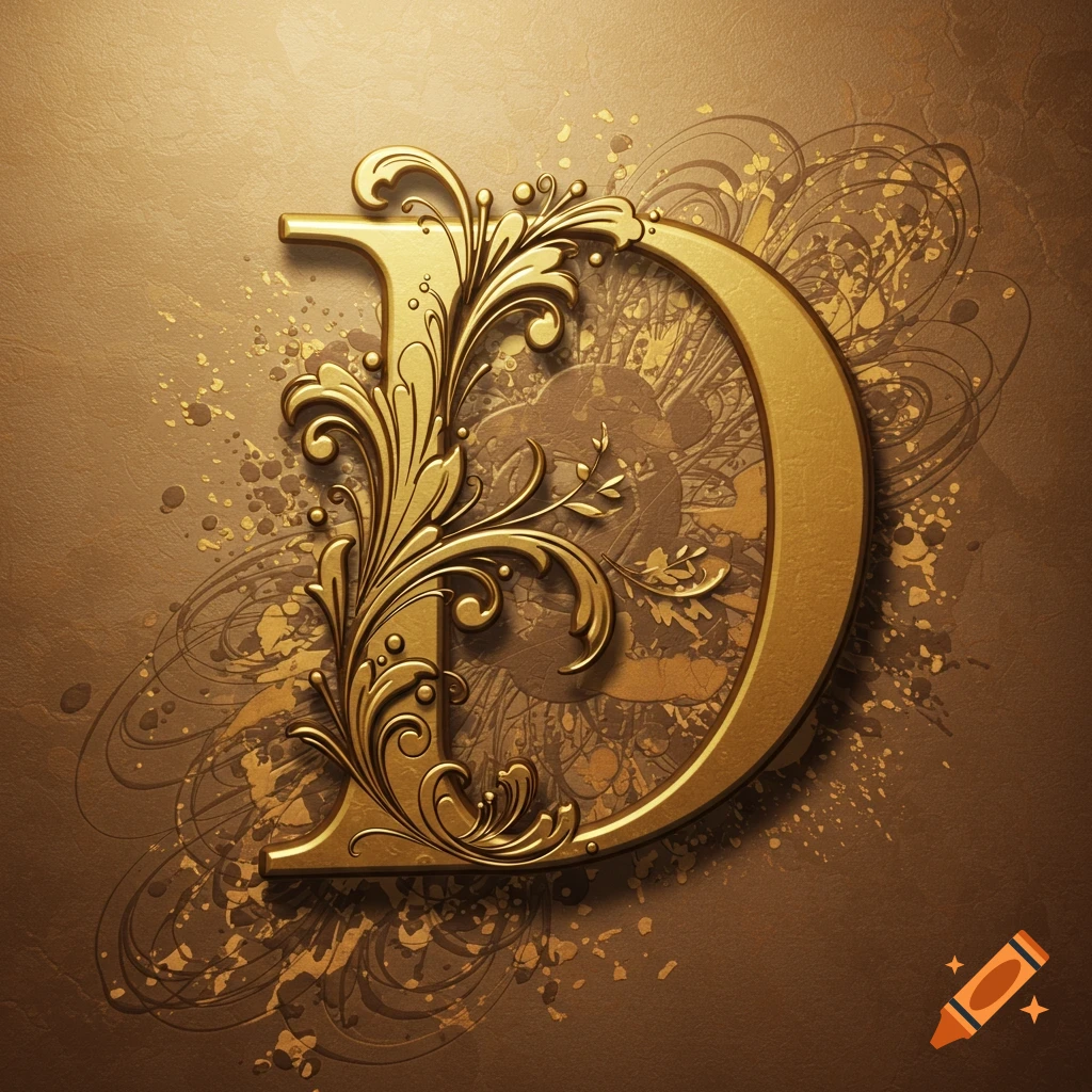 An ornate golden letter D with intricate filigree on a textured brown background.