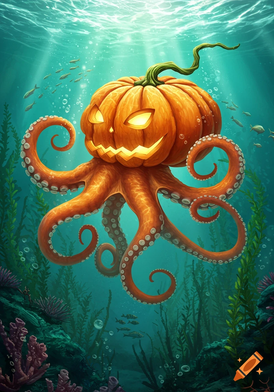 A vibrant illustration of a spooky jack-o'-lantern octopus with glowing eyes swimming underwater among seaweed and small fish.