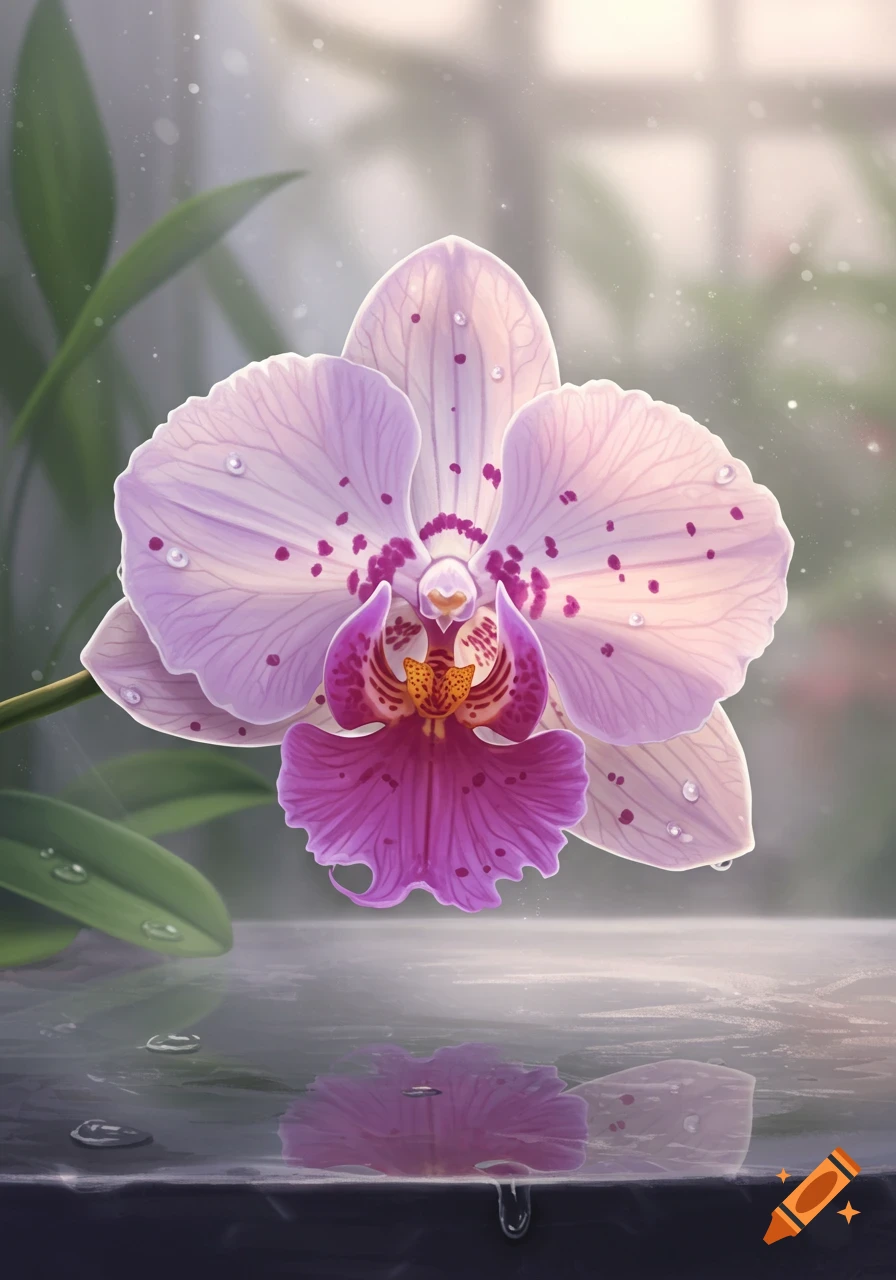 Close-up of a detailed purple and pink orchid with water droplets, reflecting on a wet surface, in a soft-focus setting.