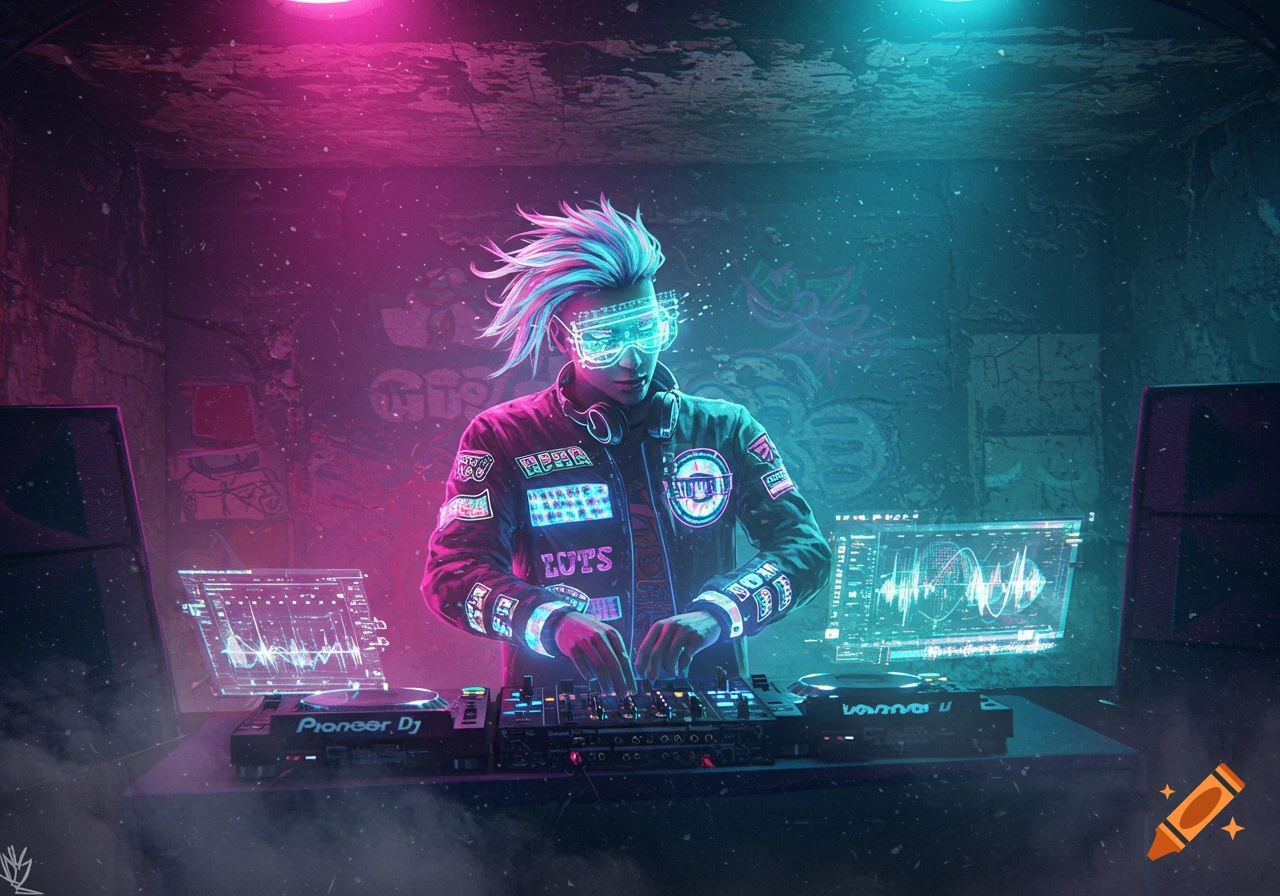 A futuristic DJ with glowing neon glasses and vibrant blue-pink hair mixes music in a dark, graffiti-covered club lit by neon pink and blue lights.