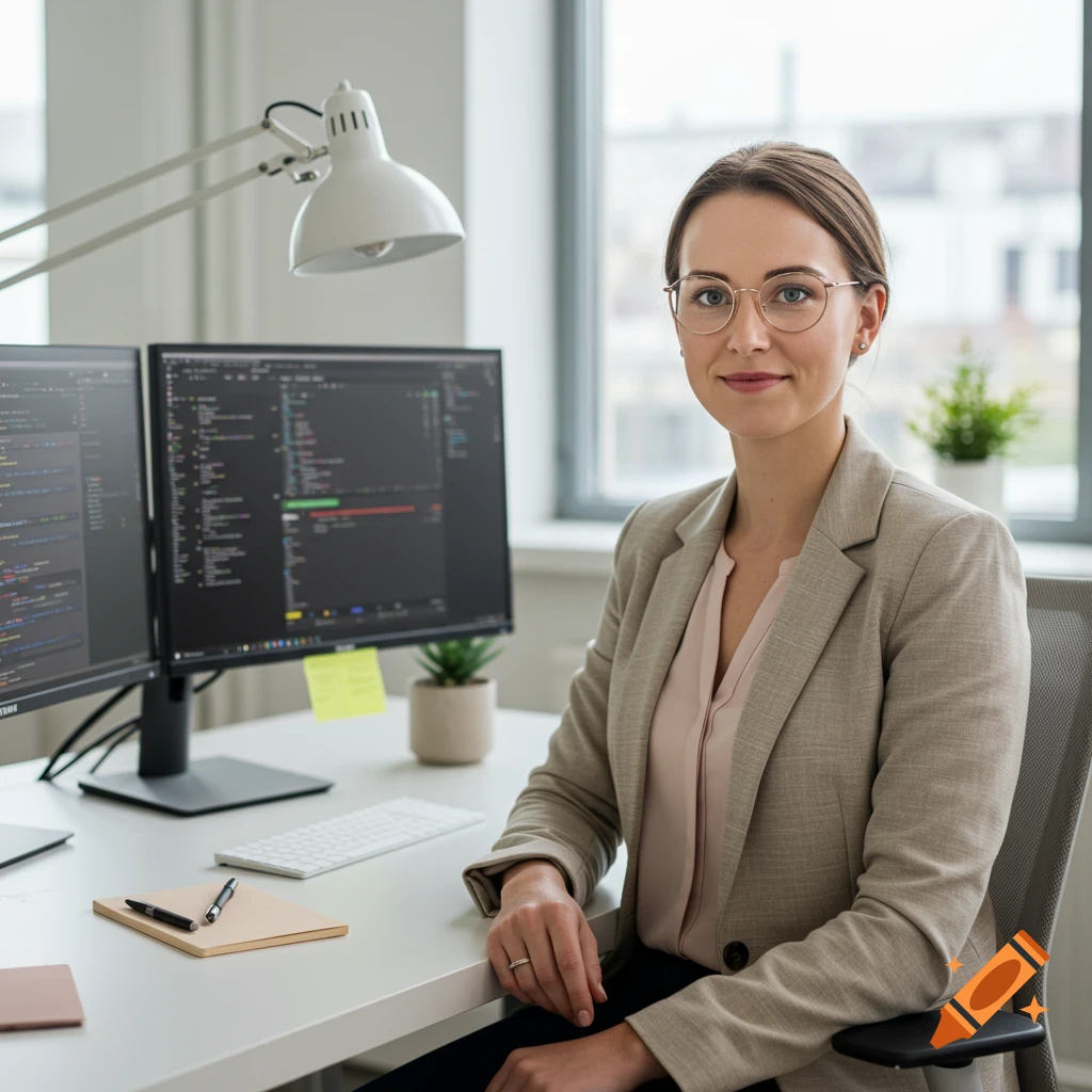 A smiling professional woman with glasses sits at an office desk with two monitors displaying code.