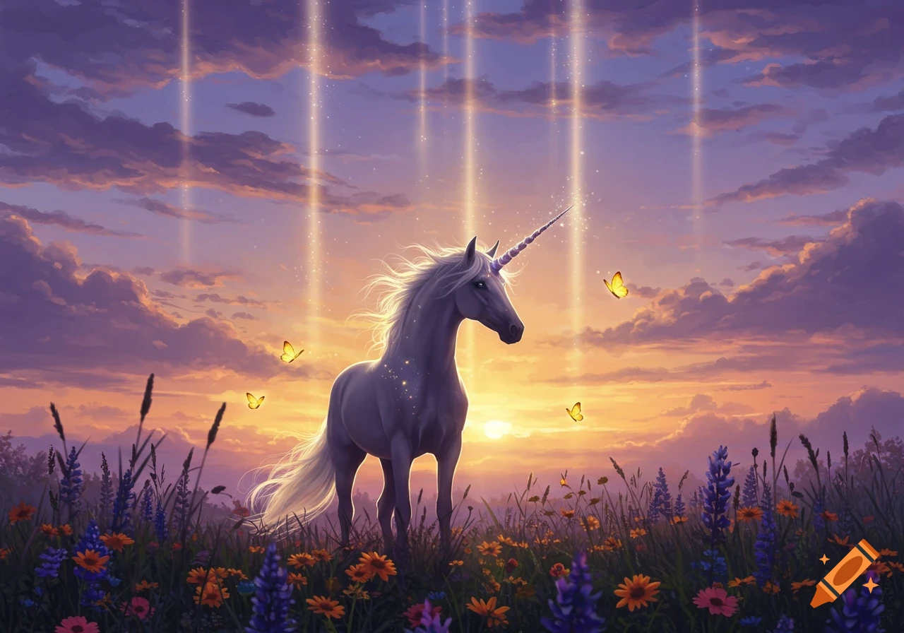 A white unicorn stands in a field of colorful wildflowers under a vibrant sunset sky with magical light beams and glowing butterflies.