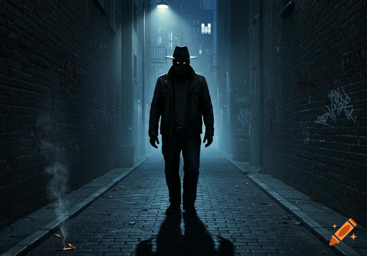 A mysterious figure in a fedora and jacket with glowing red eyes stands in a misty, dark urban alley under a streetlamp.