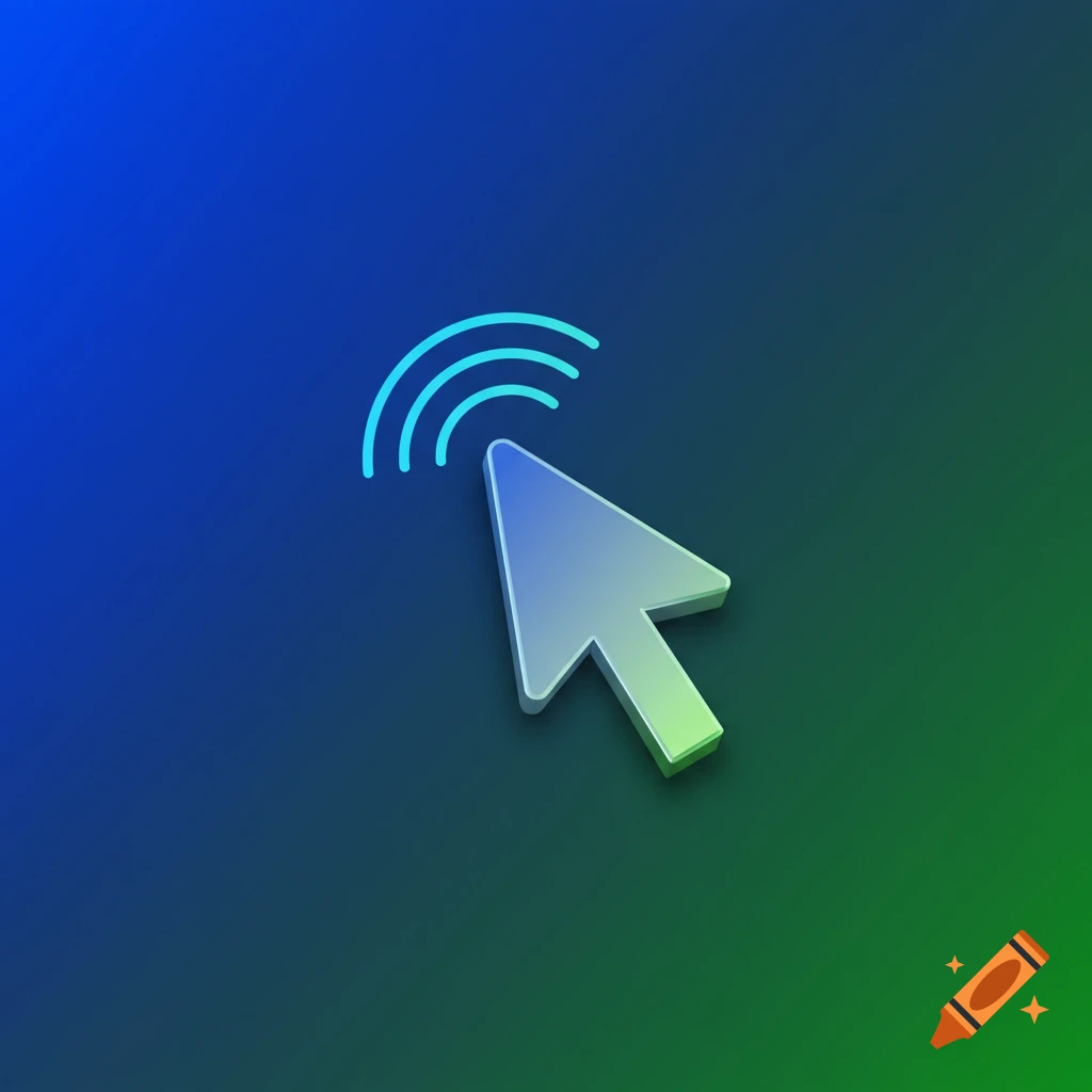 A 3D rendered computer mouse cursor icon with blue light waves above it on a blue and green gradient background.