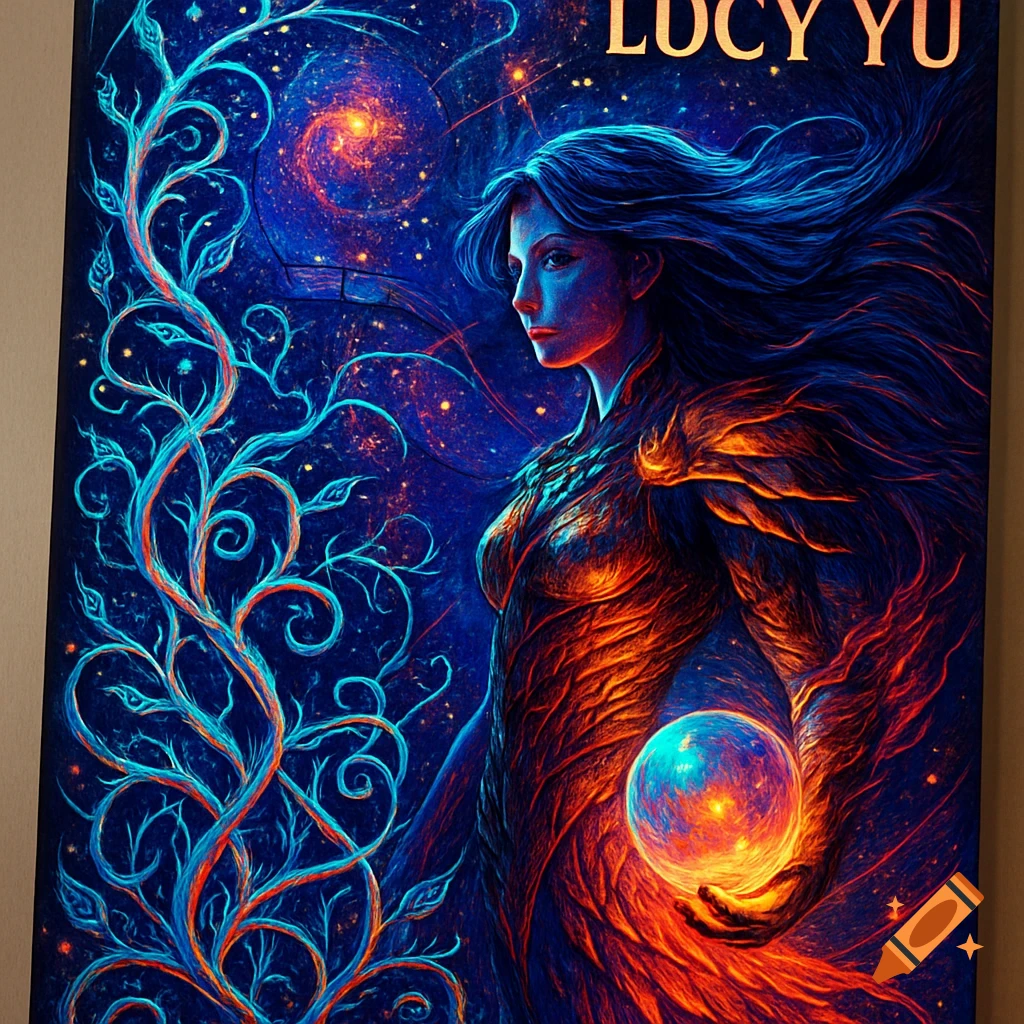 A stylized illustration of a woman with long blue hair and fiery armor, holding a glowing blue orb, against a cosmic blue background with glowing vines.