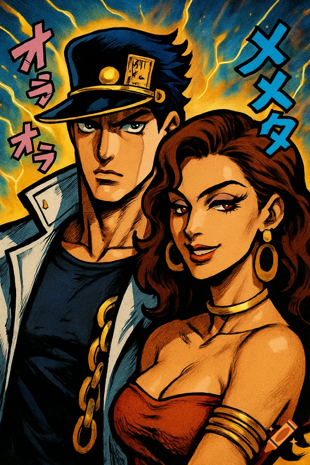 An anime-style portrait of Jotaro Kujo and Mariah from JoJo's Bizarre Adventure, with dynamic sound effects. Jotaro is stern, Mariah smiles confidently.