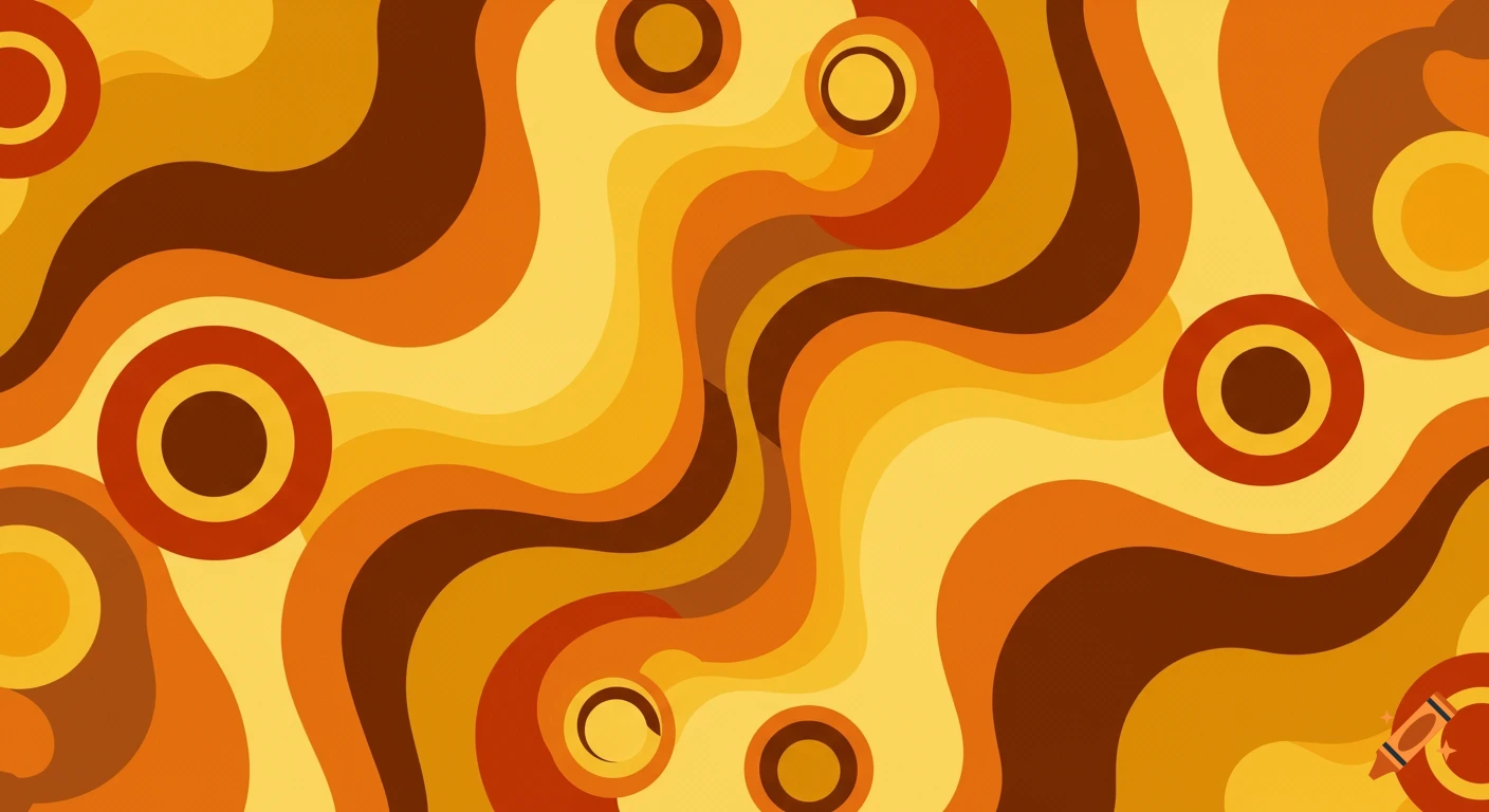 A retro 70s background with wavy lines and concentric circles in shades of yellow, orange, and brown.