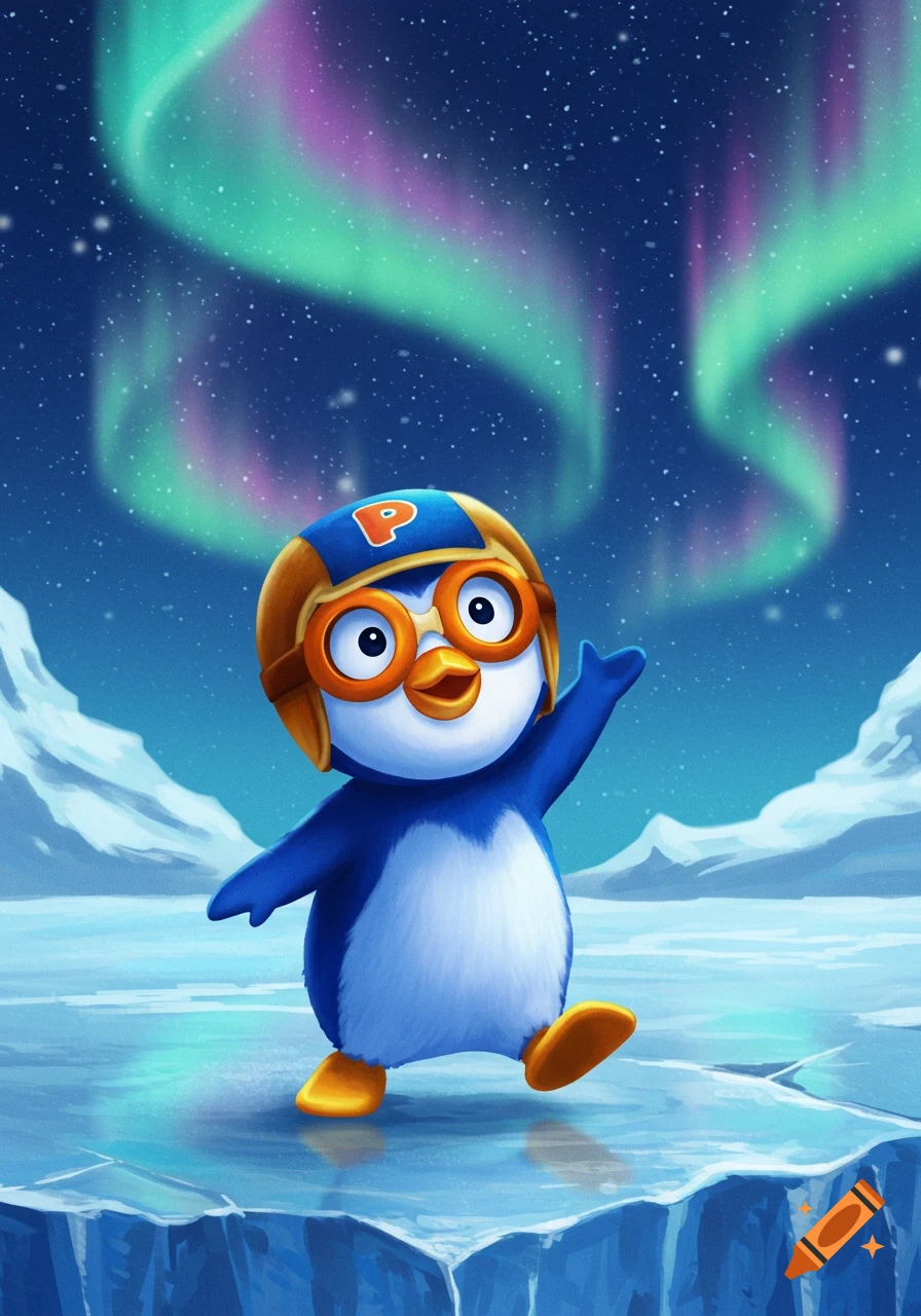 A cute cartoon penguin wearing a pilot helmet and goggles waves on an icy landscape under the aurora borealis.