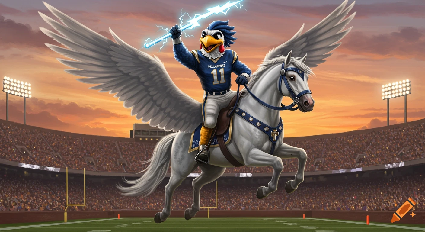A blue hen mascot in a Delaware football uniform rides a white winged Pegasus, holding a lightning bolt, flying over a football field at sunset.