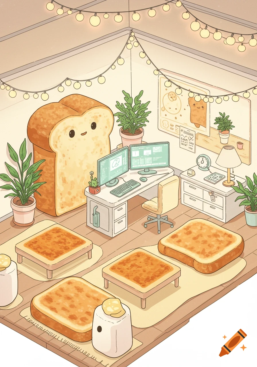 An isometric illustration of a cozy room with a giant smiling loaf of bread, a desk with two computer monitors, and toasted bread slices on the floor.