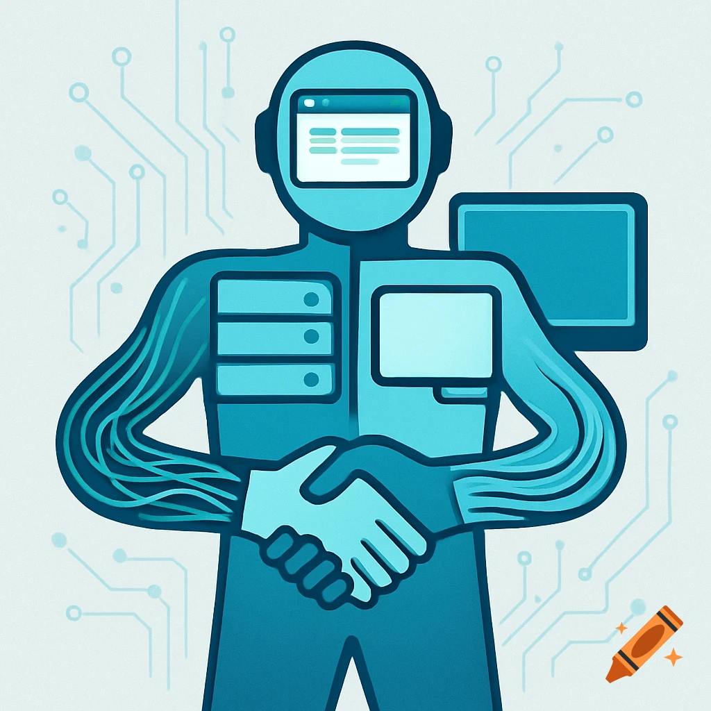 A stylized blue robot mascot representing IT services, featuring server racks, a computer screen, network wires, a software window on its head, and a handshake.